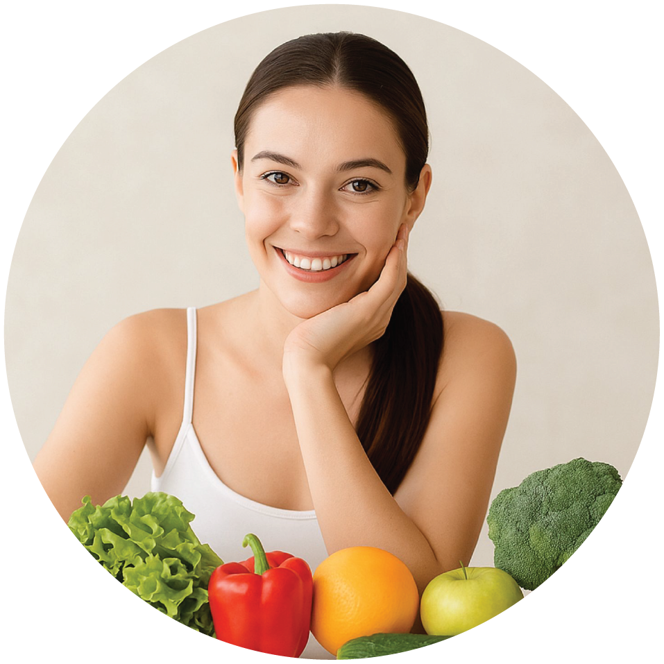 Γυναίκα χαμογελαστή με υγιεινές τροφές – Βελονισμός για απώλεια βάρους και έλεγχο όρεξης