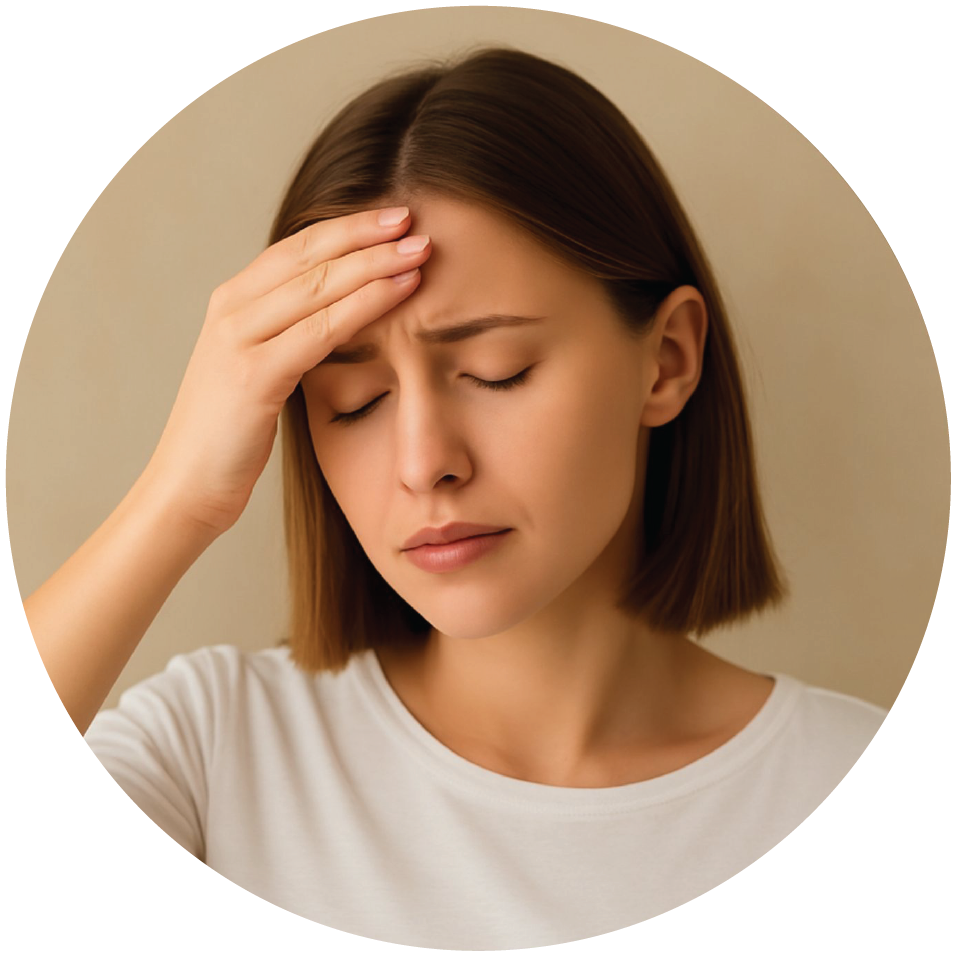 Γυναίκα αγγίζει το μέτωπο με ήπια έκφραση – Βελονισμός για πονοκεφάλους και ημικρανίες